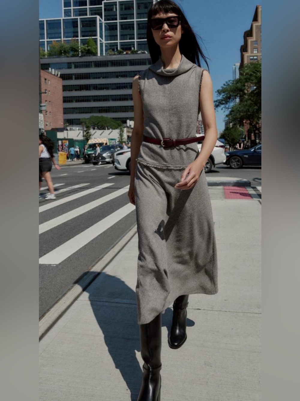 Zara Textured Midi Dress Sleeveless Draped Collar w Embellished Contrast Belt